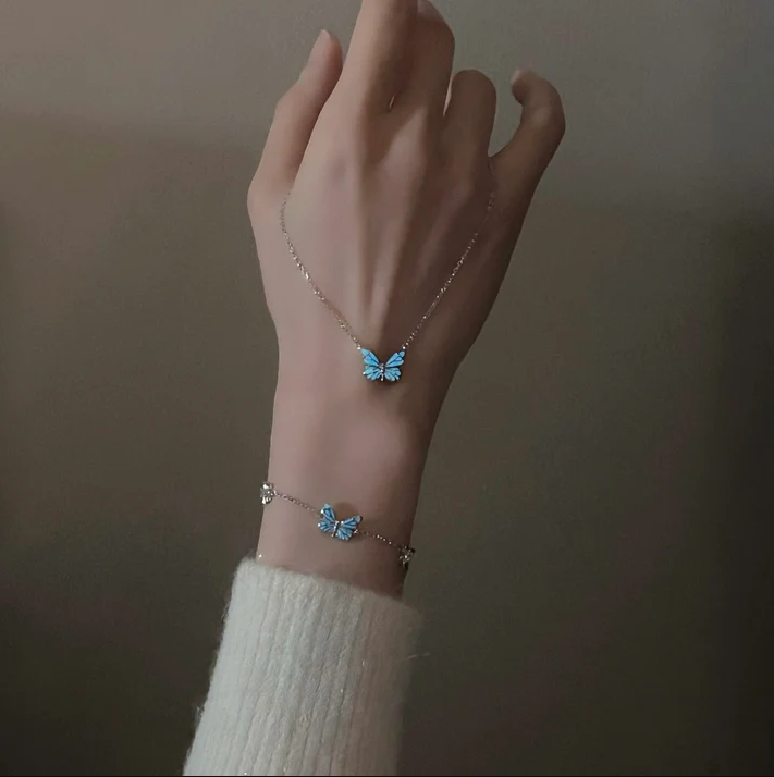 Ensemble collier et bracelet en papillon lumineux pour femme